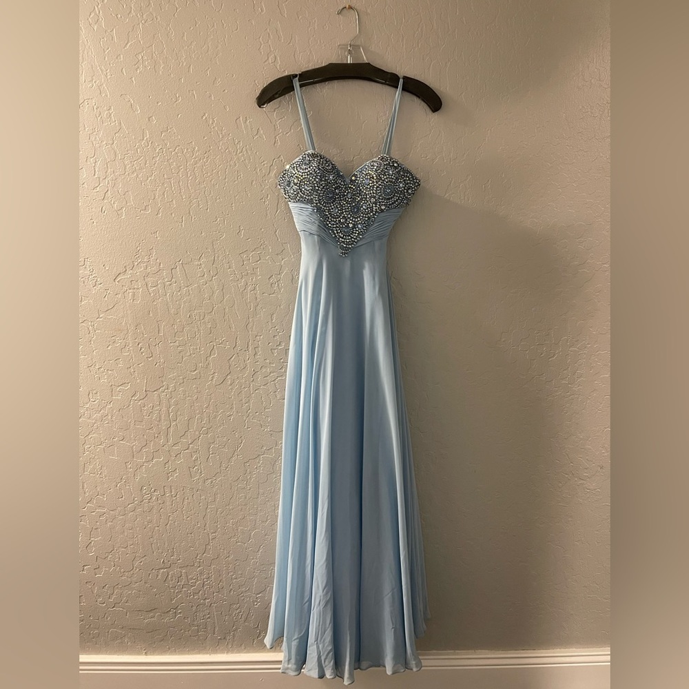 Trudy’s Sky Blue Sweetheart Bedazzled Prom Dress